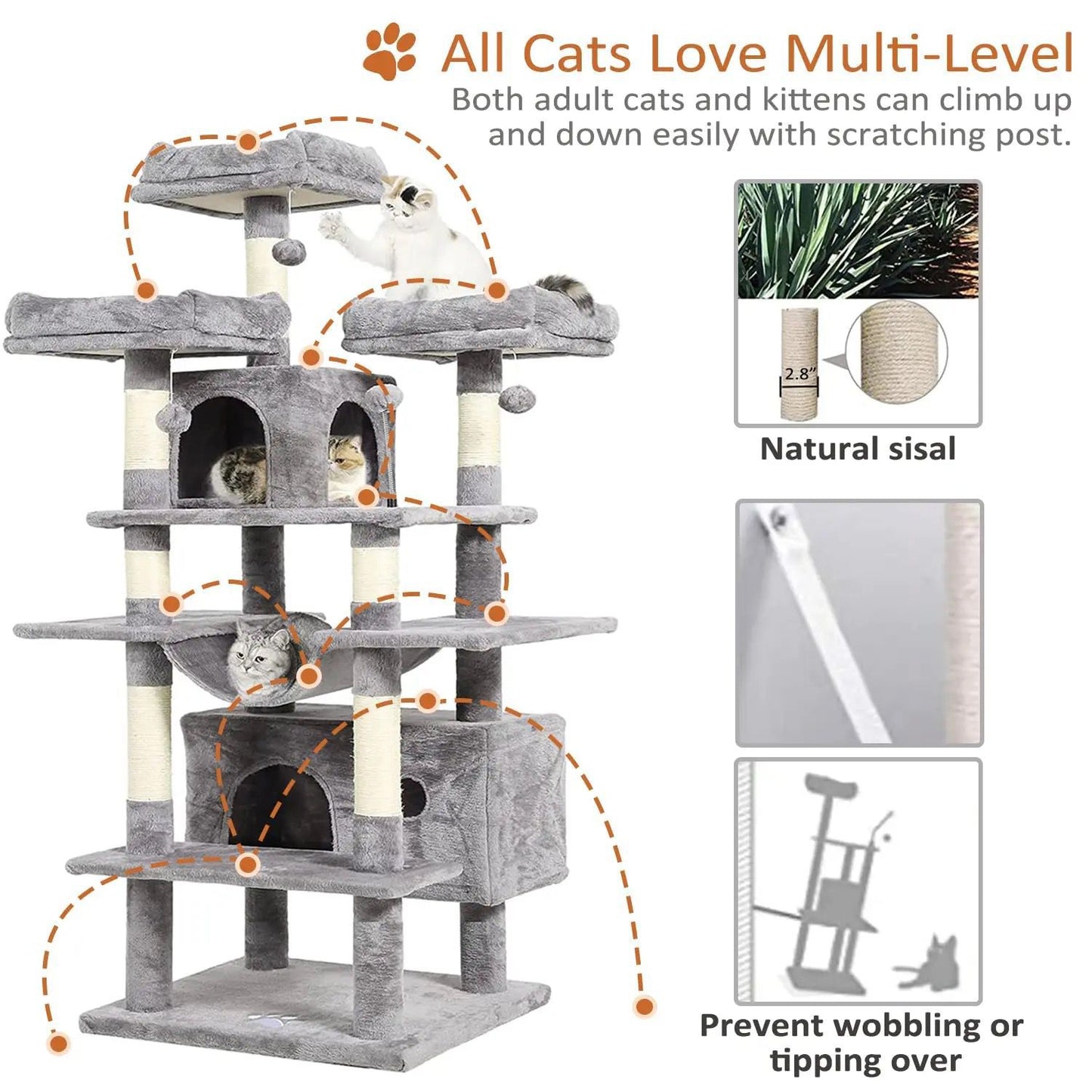 Premium Paws - 185 cm Cat Scratch Post - Cat Tree - Cat Tower